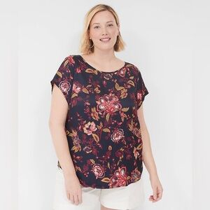 Lane Bryant Women’s Crew Neck Satin & Knit Top Size 22/24 Blue Pink Floral 22 24